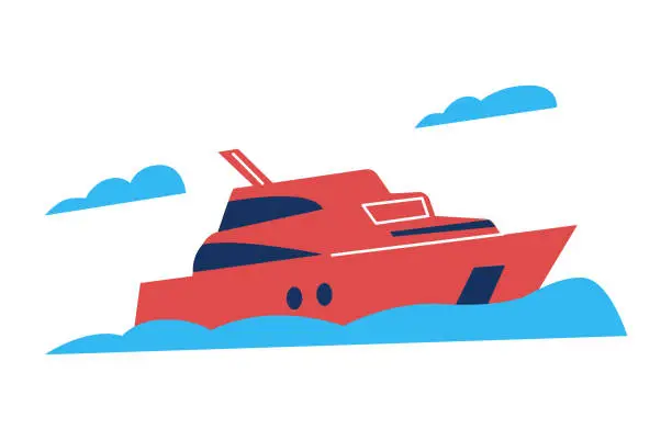 Vector illustration of Red yacht among waves flat style, vector illustration