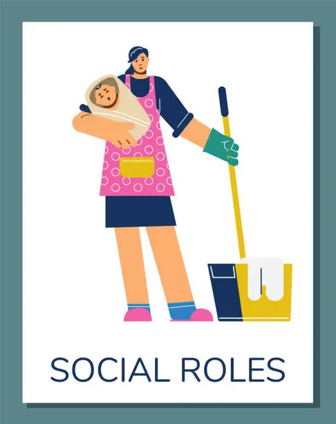 Vector illustration of Social roles cartoon vector poster, housewife in apron with baby and mop in hands, gender stereotypes female home duties