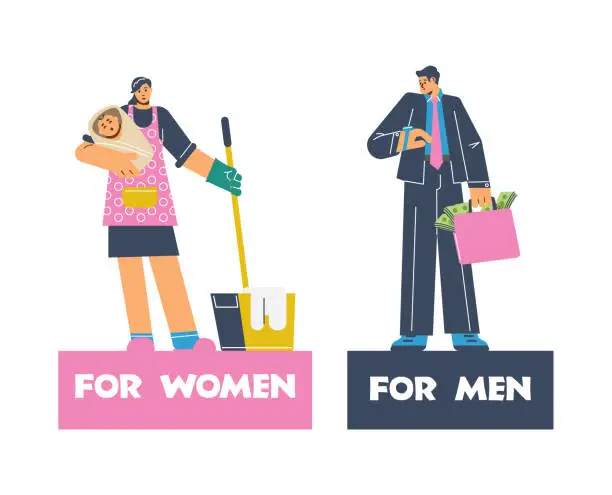 Vector illustration of Social roles cartoon vector poster, housewife with baby and mop, businessman with a lot of money, gender stereotypes