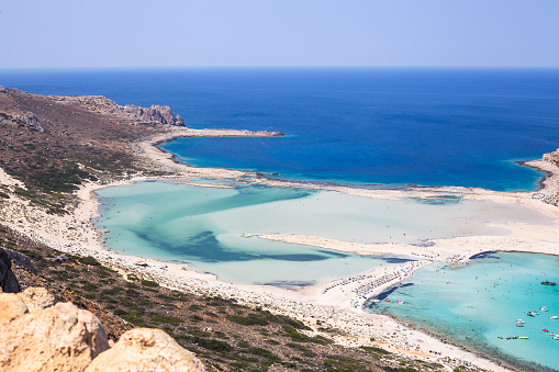 Balos lagoon beach. Beautiful coastal landscape in Crete, Mediterranean Sea great for summer holidays in Greece