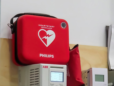 Calgary, Alberta, Canada. Oct 21, 2023. A Philips HeartStart Defibrillator FRx Semi-Rigid Carry Case.