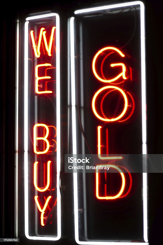 Placa de Neon, compramos Gold - Foto de stock de Dourado - Descrição de Cor royalty-free