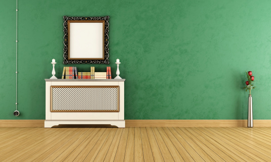 Green vintage living room with cover radiator - rendering