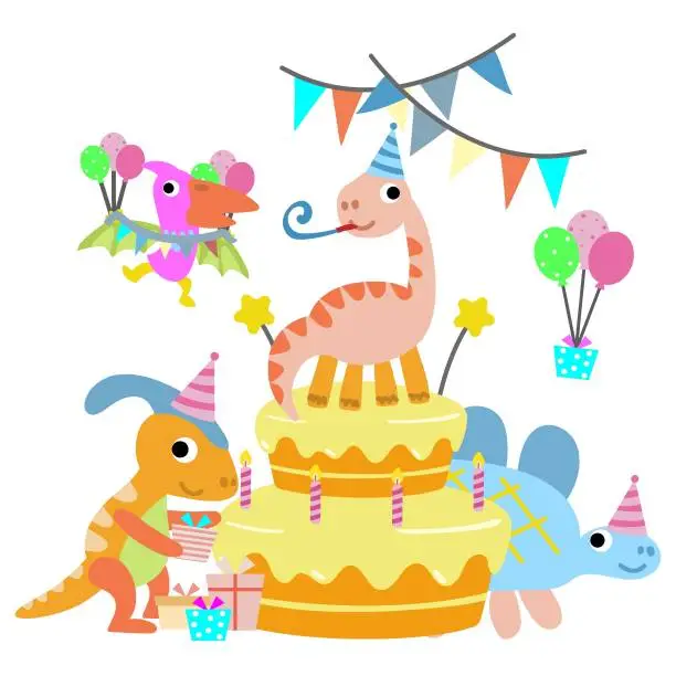 Vector illustration of Happy Birthday Dinosaur party cake. happy dino clipart