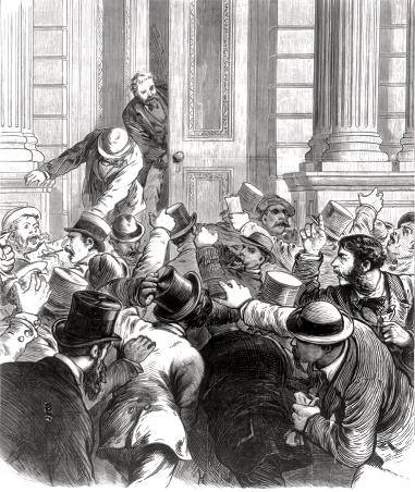 Vintage engraving features the Great Financial Panic of 1873, a severe international economic depression triggered by the collapse of the Jay Cooke & Company, a major U.S. bank heavily invested in post-Civil War railroad expansion. This event led to a chain reaction of bank failures and bankruptcies in the United States and Europe, causing widespread unemployment, business closures, and social unrest. The panic highlighted vulnerabilities in the global financial system, prompting reforms and shaping economic policies for years to come.