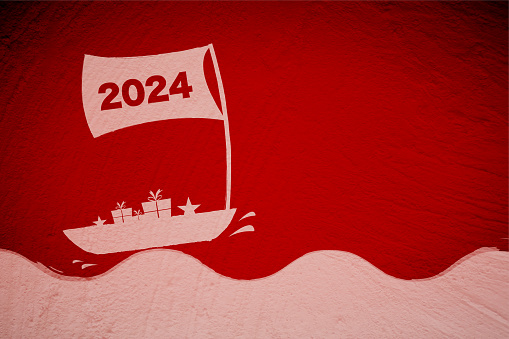 Horizontal illustration of Xmas and New Year vector wallpaper in dark red color. Can be used as Xmas , Happy New Year resolutions, Bon Voyage, related comic, fun or humorous backgrounds, backdrops, wallpaper, gift wrapping sheet, templates or greeting cards. There is a pale grey colored graffiti on the scratched wall with boat sailing with water splashes carrying number 2024 and gifts with a flag of 2024.