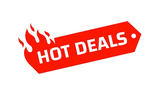 Hot Deals vector icon. Flat hot sale tag promotion fire banner, price tag, hot deal, sale, offer, price. Isolated on a white background