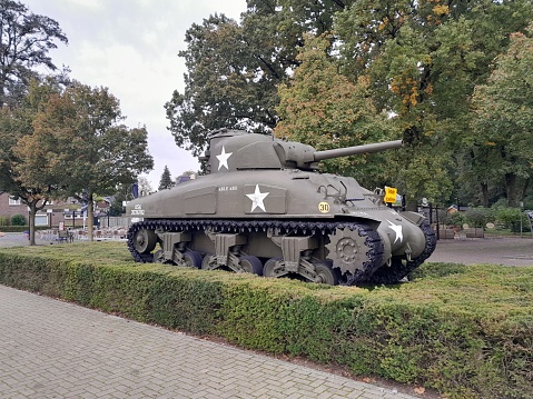 Penha Garcia, Portugal - December 26, 2022: M47 Patton. Old obsolete tank located in a public park in Penha Garcia. Portugal.