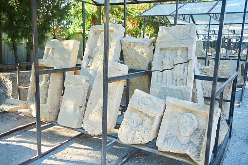 Anapa, Russia - September 07, 2022: Ancient tombstones found during the excavations of the ancient Greek city