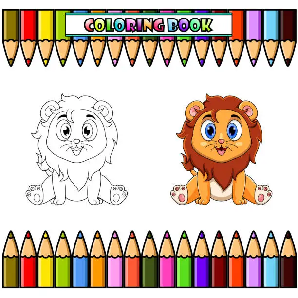 Vector illustration of Cute baby Lion cartoon sitting for coloring book