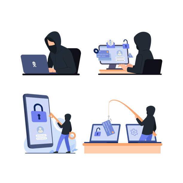 Set of hacker and cyber criminal stealing confidential data with laptop computer Hacker and cyber criminal stealing confidential data with laptop computer hacker laptop stock illustrations