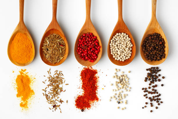 istock Wooden spoons with various spices isolated on white background 1753623910