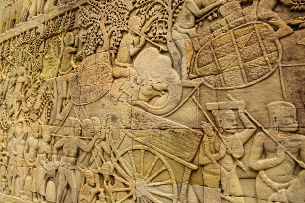 istock Bas relief sculpture, elephant charging into battle, Angkor Thom, Seam Reap. 1753623915