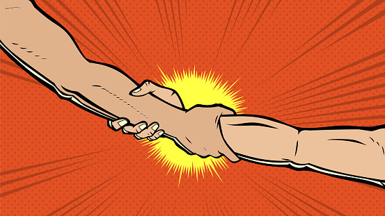 A retro pop art style vector illustration of a muscular hand giving a help to another person. Easy to grab and edit. Wide space available for your copy.