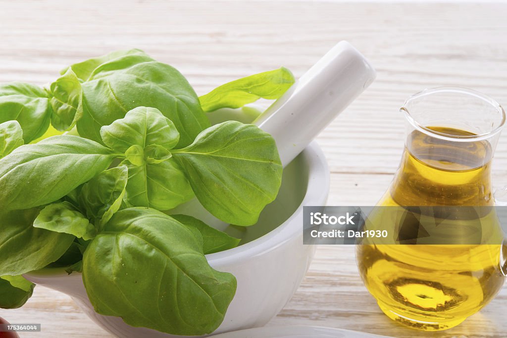 Mortar and basil Basil Stock Photo