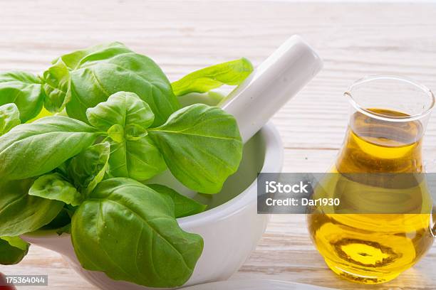 Mortar And Basil Stock Photo - Download Image Now - Basil, Bay Leaf, Bouquet Garni