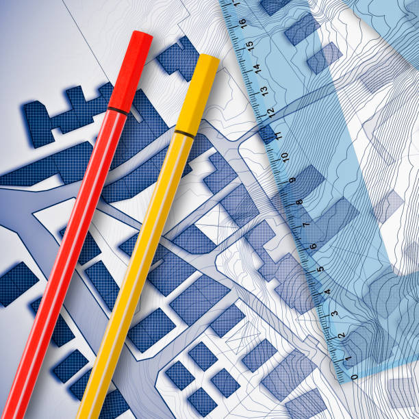 istock Plastic set square with red and yellow marking pen over an imaginary cadastral map of territory with buildings, fields and roads - 3D rendering concept image 1753646311