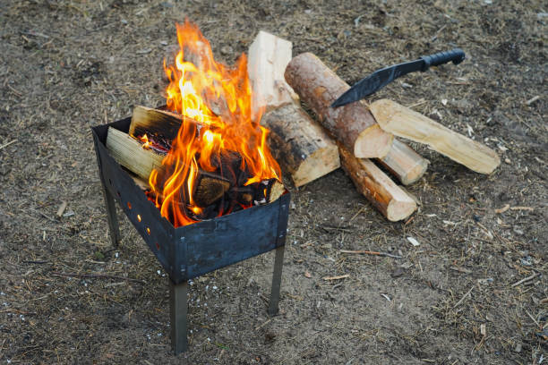 A brazier with fire and a stack of firewood with a kukri stuck into a log in a wild camp in summer