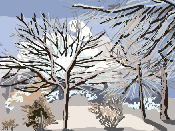 illustrations, cliparts, dessins animés et icônes de arbre dans la neige d’hiver et le fond de soleil, dessin au trait - pine tree brush stroke winter snow