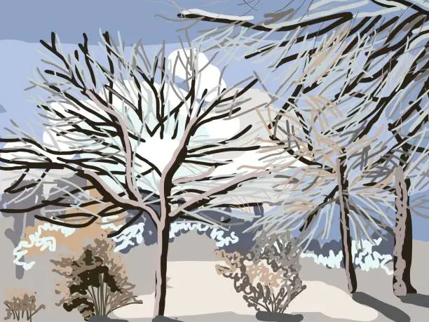 Vector illustration of tree in winter snow and sunshine background, line art drawing