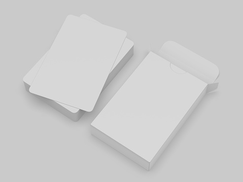 Stack of playing cards with box mockup template, 3d illustration.