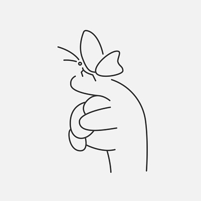 Hand Finger with butterfly line illustration. Sketch hand gesture cartoon style. Peacefull or happiness concept. Vector