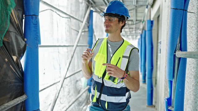 Young hispanic man architect smiling confident standing at construction place