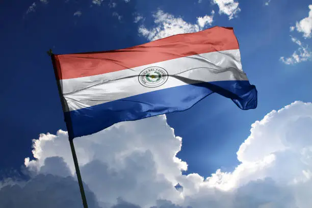 Photo of national flag of Paraguay waving in the wind on a clear day.