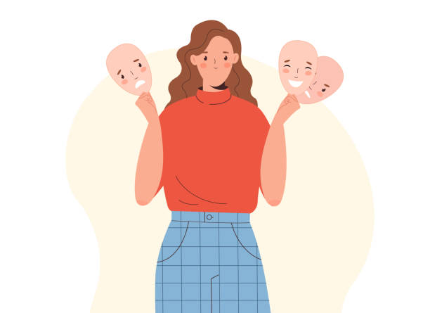 ilustrações, clipart, desenhos animados e ícones de conceito de fingimento, a mulher escolhe a emoção apropriada. sentimentos falsos. a mulher esconde sentimentos reais. a perda do seu eu individual. - pretense