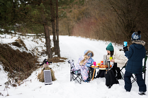 Young woman with children in winter forest on a picnic. Mother and three kids.