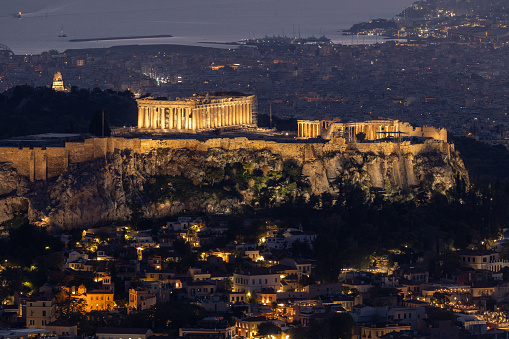 A sunset view of the Parthenon in Athens, Greece. Taken from Mount Lycabettus.
