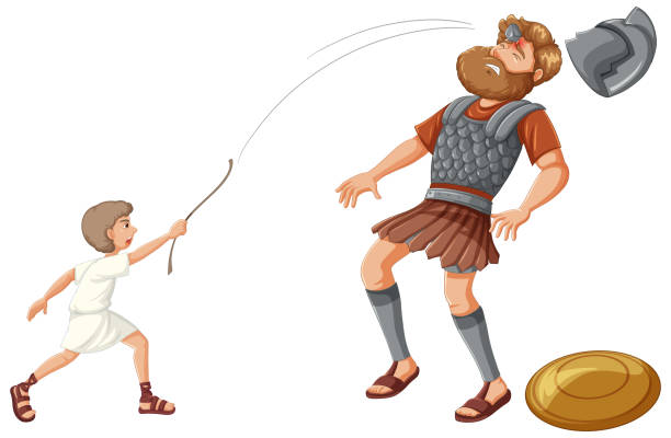 ilustrações de stock, clip art, desenhos animados e ícones de david's triumph: defeating goliath in religious battle - star of david