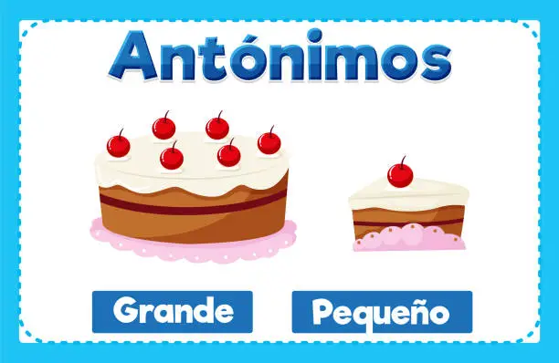 Vector illustration of Antonym Word Card: Grande and PequeÃ±o means big and small