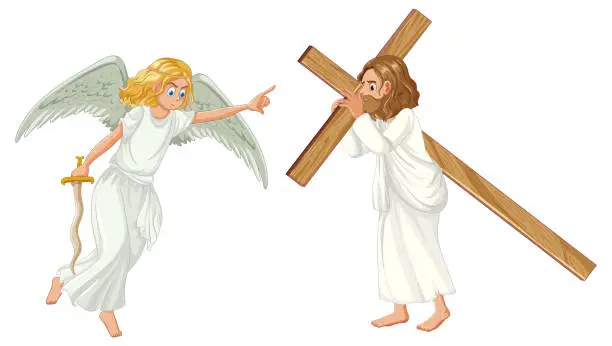 Vector illustration of Jesus Carrying Cross with Angel and Sword