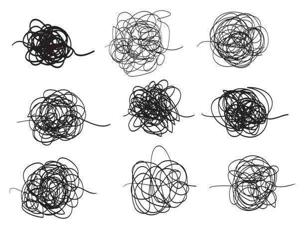 stockillustraties, clipart, cartoons en iconen met doodle set of symbol of complicated way with scribbled round element. pass the way linear arrow vector illustration. isolated on white background - smeerboel