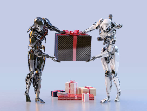 istock Couple of modern autonomous robots carrying big wrapped present gift box 1753725508
