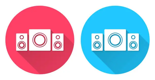 Vector illustration of Speaker sound system with Subwoofer. Round icon with long shadow on red or blue background