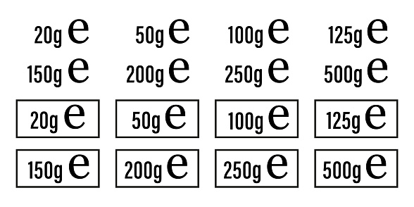 Calculation mark e (e-mark) with correct dimensions in accordance with EU Directive 71/316. Versions with commonly used weights and volumes for food and cosmetics labels. Vector illustration