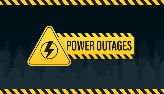 Power outage. Symbol without electricity. Banner of a power cut with a warning sign the one is on the background of the night city without electricity and dark sky. Vector illustration