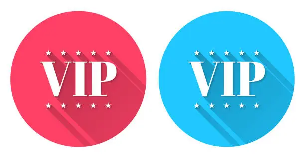 Vector illustration of VIP. Round icon with long shadow on red or blue background