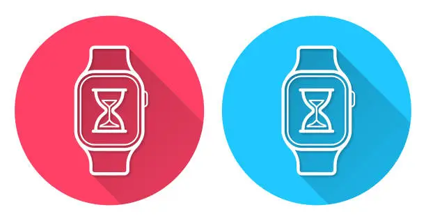 Vector illustration of Smartwatch with hourglass. Round icon with long shadow on red or blue background