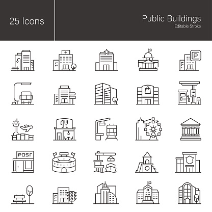 Public Buildings line icon set.  25 editable stroke vector graphic elements, stock illustration Icon, Building Exterior, City, Office, Business