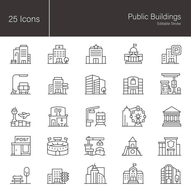 Public Buildings line icon set. 25 editable stroke vector graphic elements, stock illustration Icon, Building Exterior, City, Office, Business Public Buildings line icon set. 25 editable stroke vector graphic elements, stock illustration Icon, Building Exterior, City, Office, Business government building infographic stock illustrations