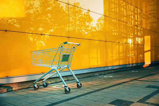 Empty shopping trolley cart in front of the groceries supermarket store, selective focus