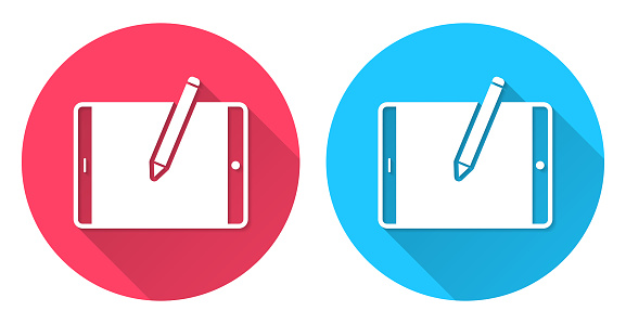 istock Tablet PC with pen - Horizontal position. Round icon with long shadow on red or blue background 1753744681