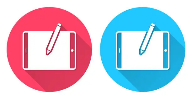 Vector illustration of Tablet PC with pen - Horizontal position. Round icon with long shadow on red or blue background