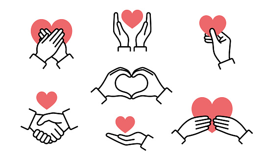 Set of illustrations of love and sincerity expressed by hearts and hands