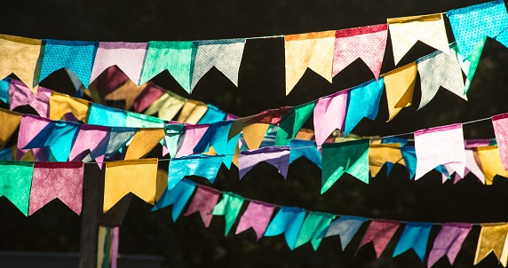 A vibrant display of colorful flags for the traditional Brazilian celebration of Festa Junina.