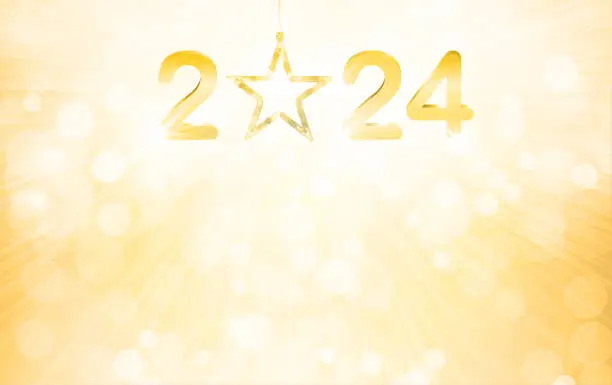 Vector illustration of Glittery shiny horizontal monochrome vector backgrounds in bright gradient light golden yellow beige color with bubble or lens flare all over like bokeh lights for Christmas and New Year celebrations with illuminated hanging star and text 2024 in sunburst