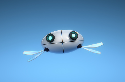 A flying robot with futuristic features. It is programmed to be a so called AI chatbot, an artificially intelligent assistant that you can chat with online. Part of a series animations and stills of a conceptual 3D AI assistant.